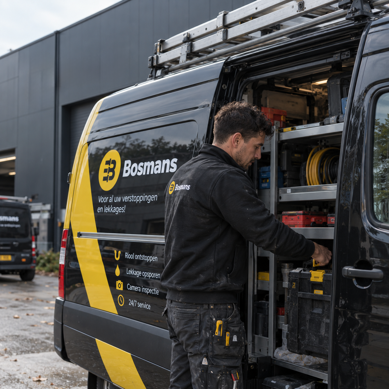 Bosmans loodgieter haalt gereedschap uit de servicebus