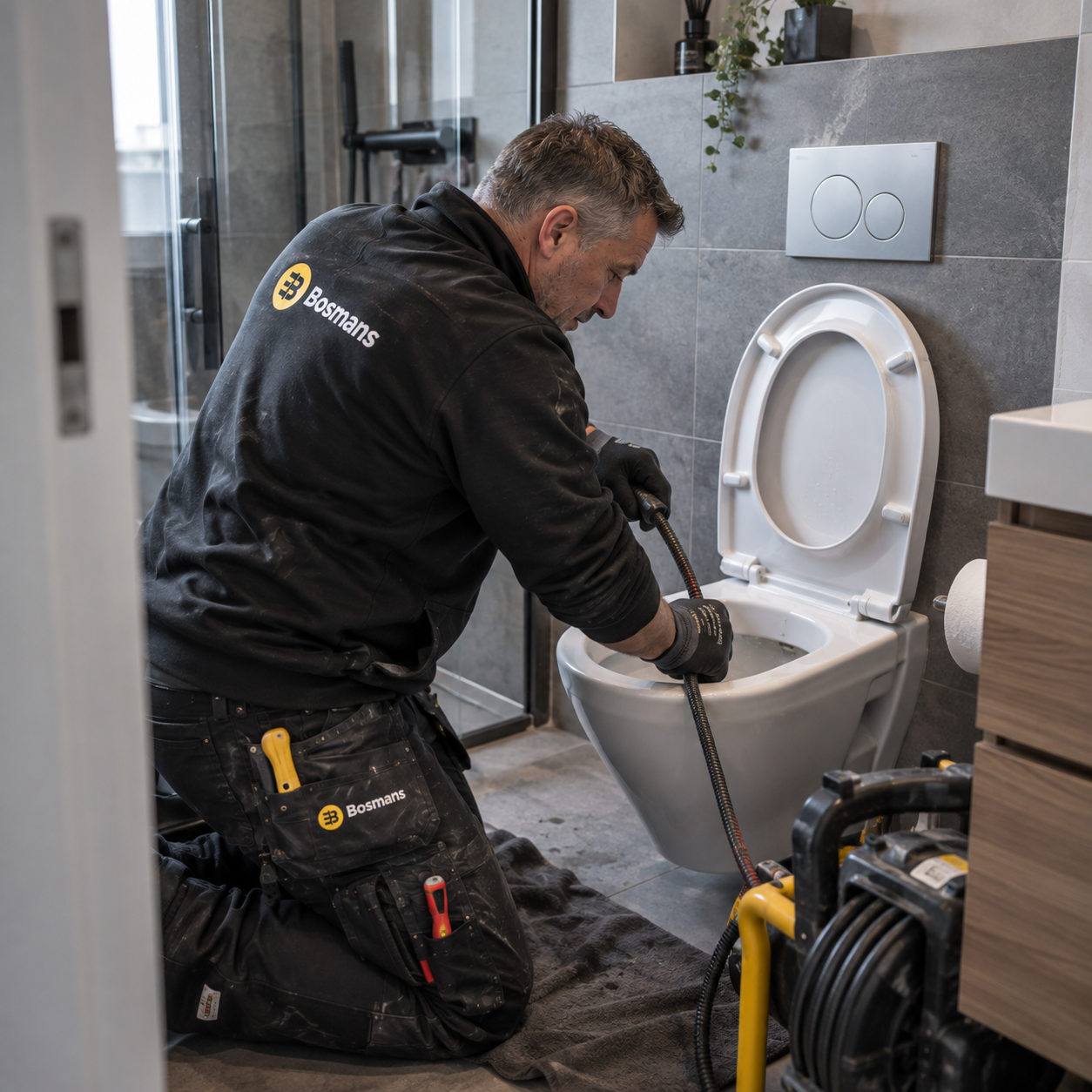 Loodgieter van Bosmans Loodgieters ontstopt een toilet met professionele apparatuur